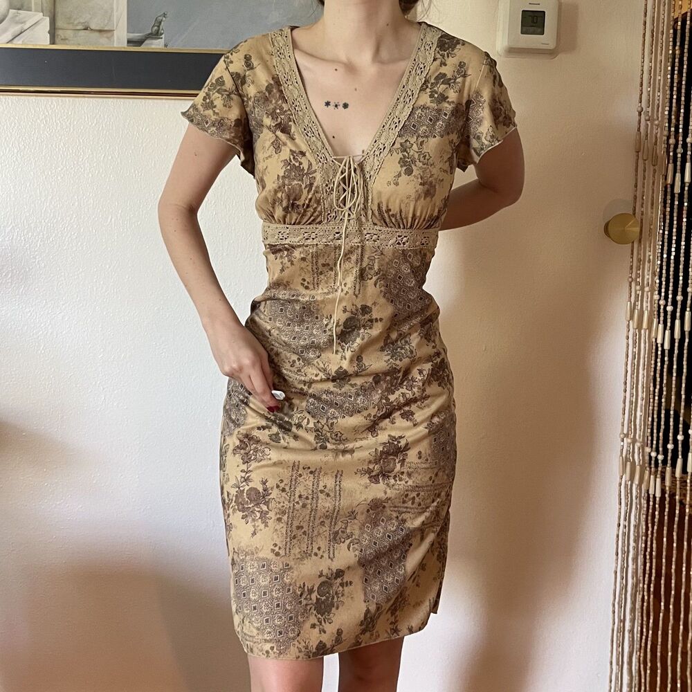 Vintage Y2K Faded Glory Brown Paisley Dress Size M Boho Chic